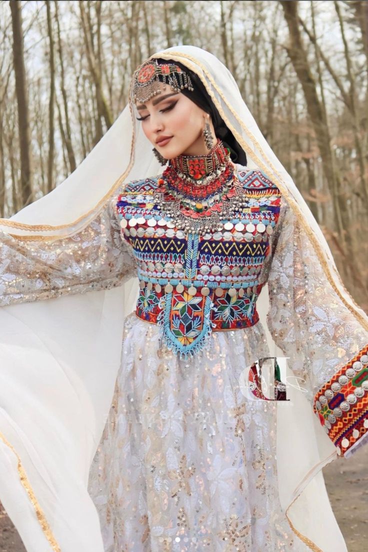 Ivory Afghan wedding dress with ornate bodice and veil